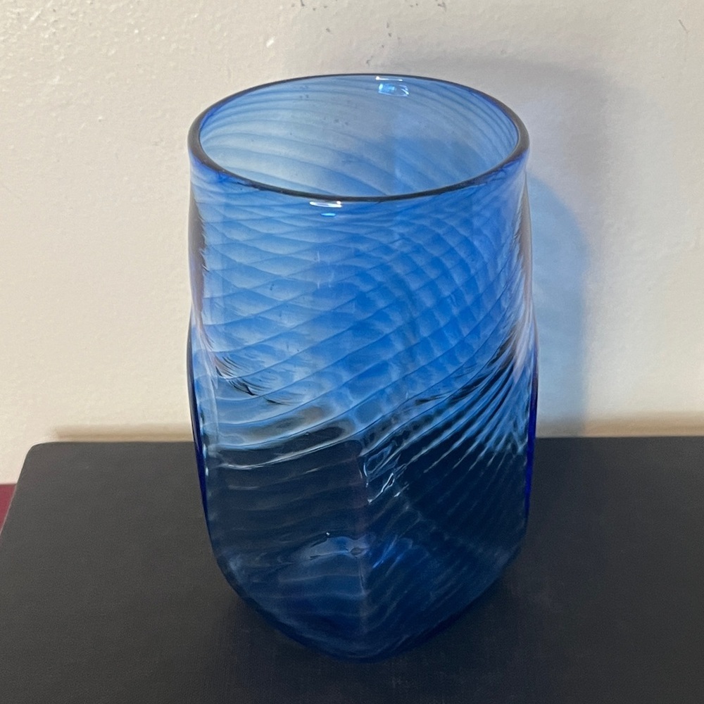 Handmade Blue Optic Squared Glass Tumbler Signed Dated‎ 17